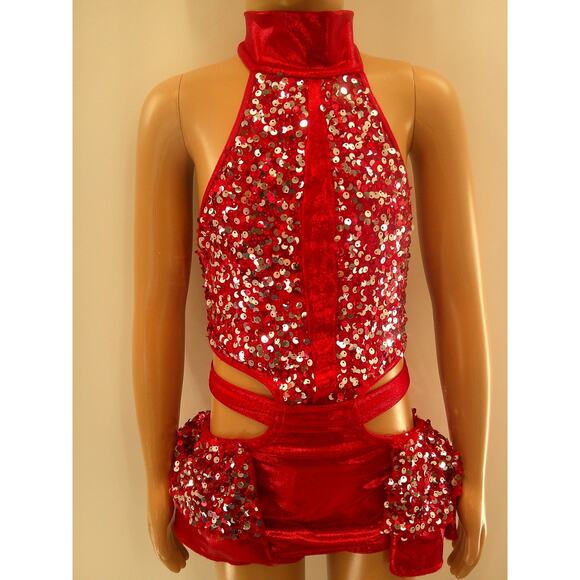 Dance Costume Medium Child Red Reverence Jazz Tap Clogging Ruffles Sequin Latin - Picture 1 of 7